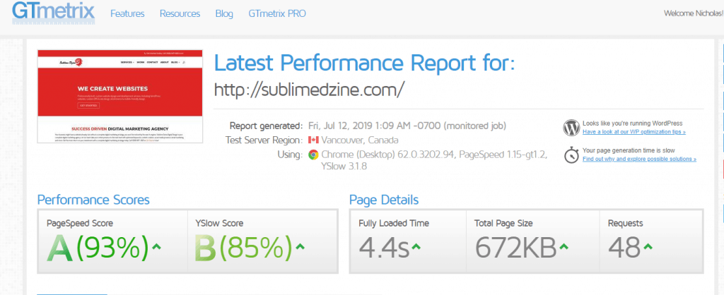 SEO Performance Report from GTMetrix.com